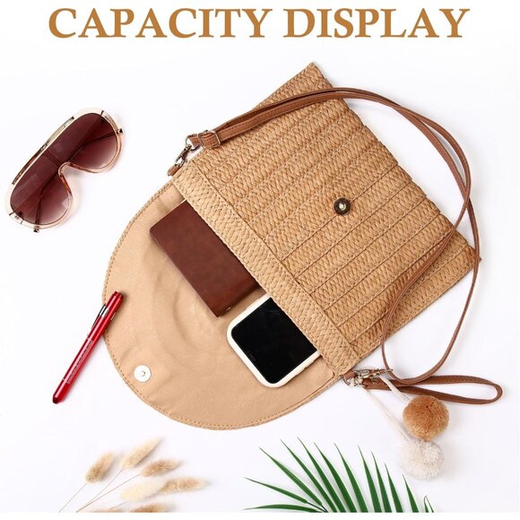 Women Straw Crossbody Bag Rattan Purse Beach Holiday Accessories Set - Picture 7 of 7